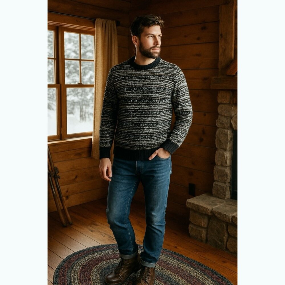 Express Mens Black White Neck Nordic Fair Isle Knit Sweater Medium Crew Winter